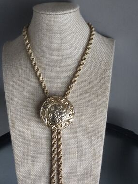 Vintage "Pat. Pend." Statement Tassel Necklace – Mid-Century Architectural Gold-